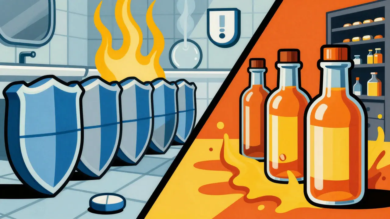 Geometric comparison of solid pills versus liquid medicine bottles.