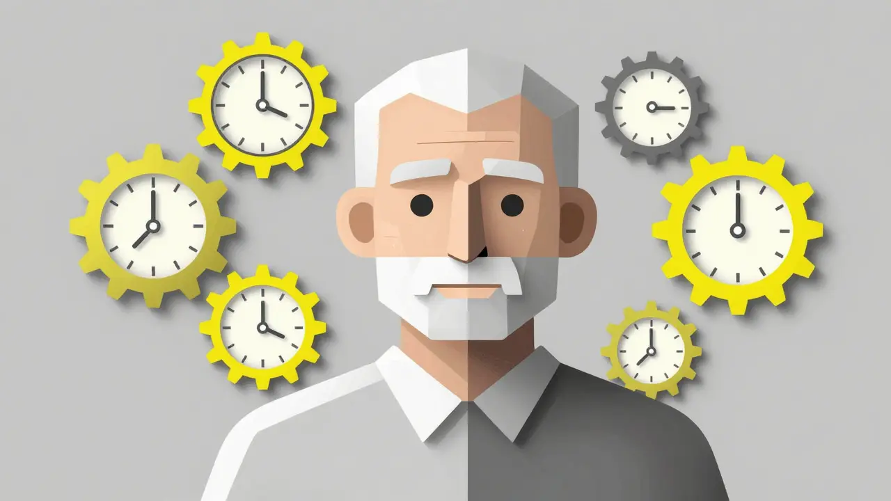 Geometric elderly portrait with clock gears symbolizing slowed kidney function and aging risks.