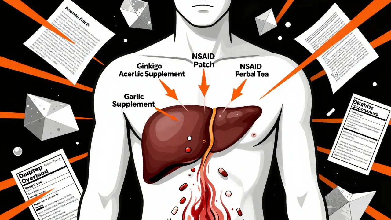 Human torso showing liver under stress from multiple hidden medication sources