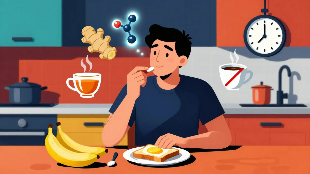 Person eating toast and bananas with sertraline pill and ginger tea, avoiding coffee, in bold geometric illustration.