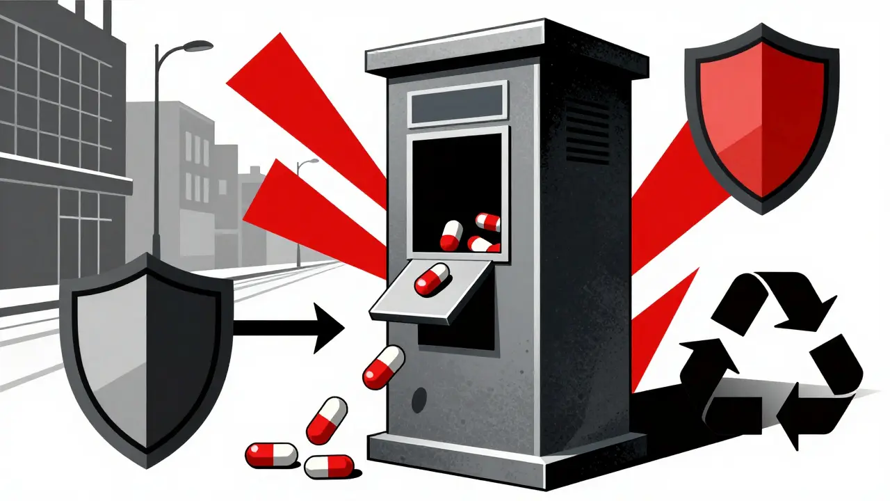 Secure disposal kiosk accepting small geometric pill shapes.