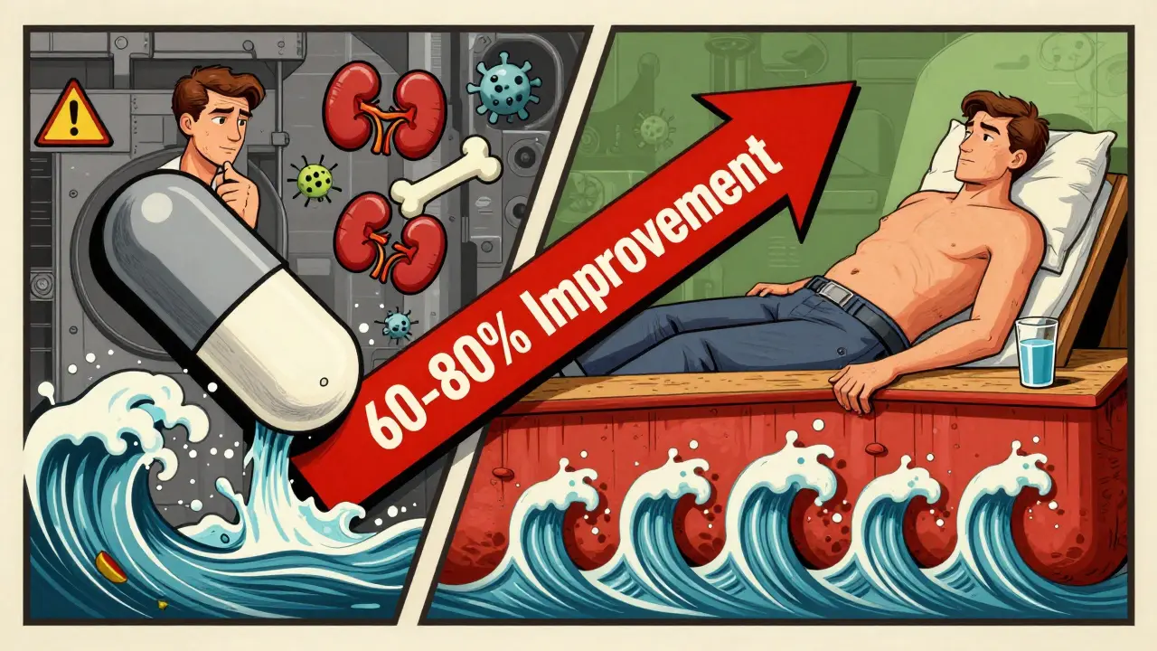 Split image: left shows PPI side effects, right shows lifestyle changes reducing reflux—bold arrow shows 60-80% improvement.