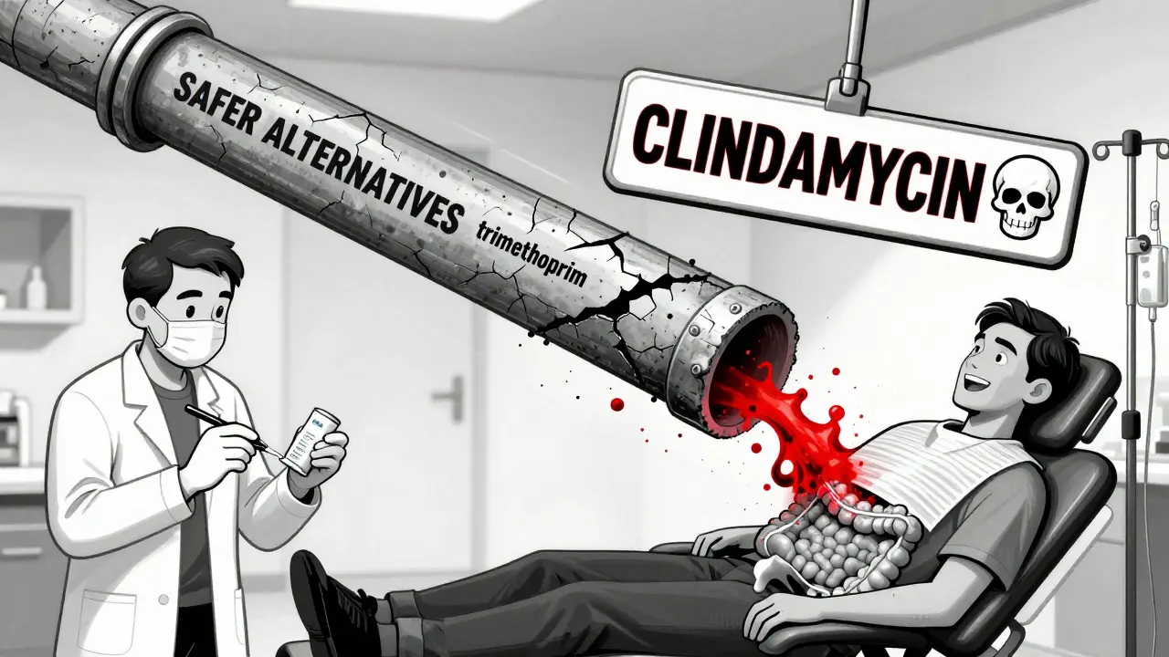 Split scene: dentist prescribing clindamycin vs. same patient in ER with ruptured colon, scale contrasting safer alternatives against clindamycin's danger.