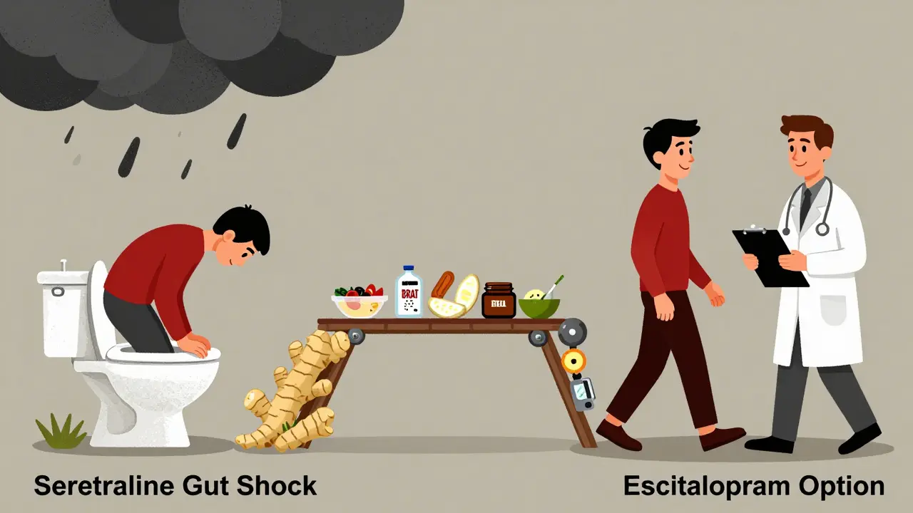 Two parallel paths: one with GI distress, one with relief via escitalopram, connected by ginger and BRAT foods.