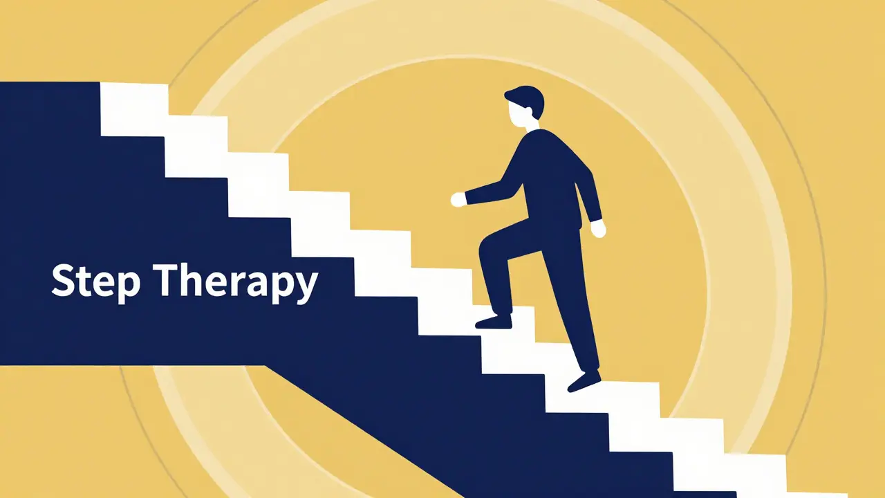 A patient climbing a series of rigid geometric stairs representing the step therapy process.