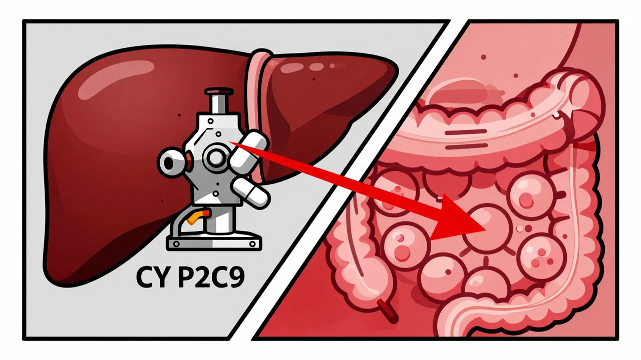 Abstract Constructivist depiction of antibiotics blocking liver enzymes and gut bacteria.