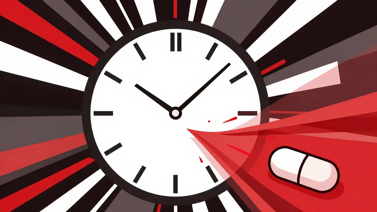 Abstract illustration of a pill's timing and biological effect using geometric shapes