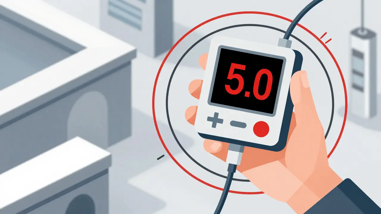 Constructivist illustration of a hand holding an INR monitor showing a high reading of 5.0.