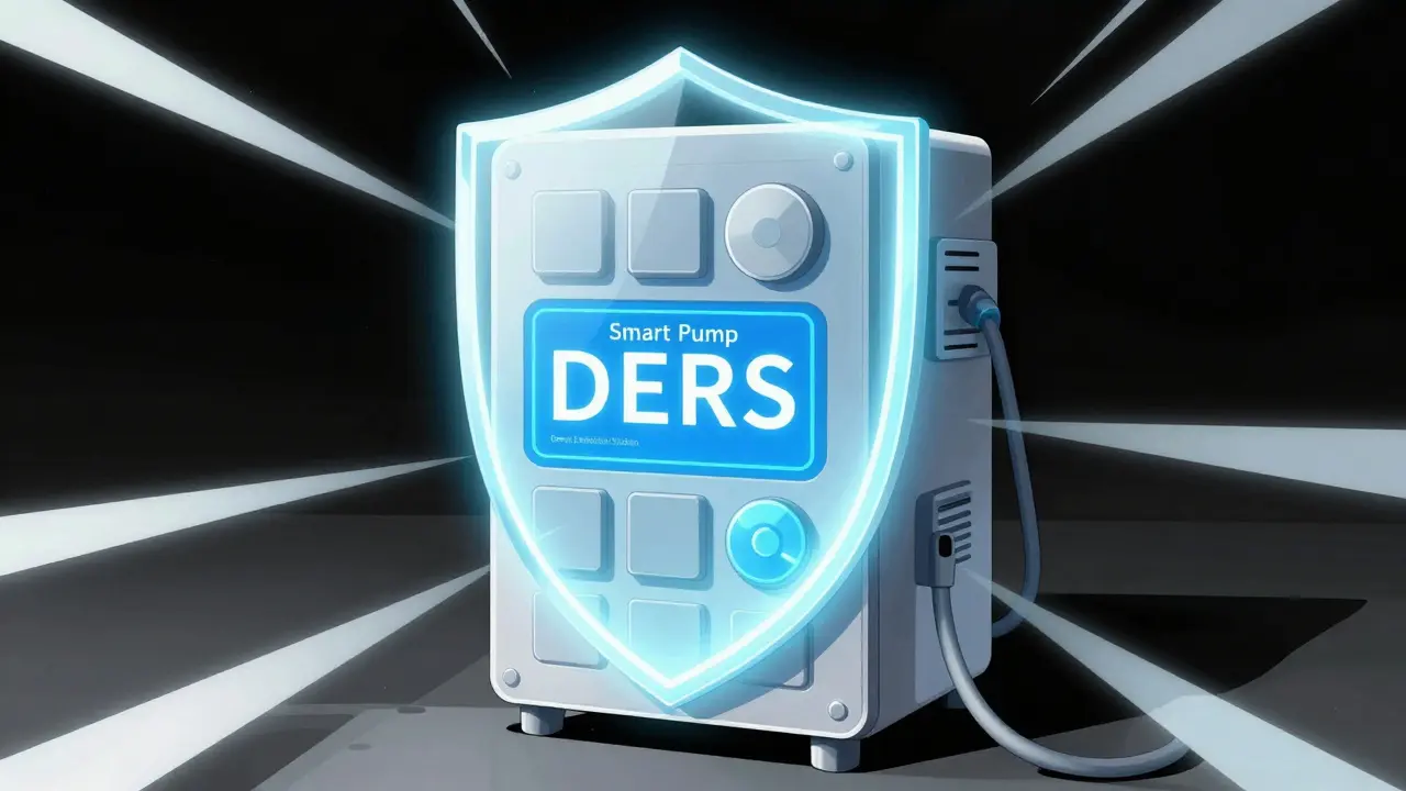 Geometric illustration of a smart pump protected by a digital safety shield.