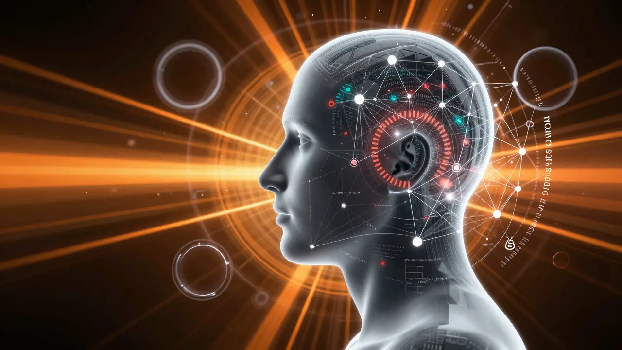 Geometric profile of a human head connected to a network of health data and biomarkers.