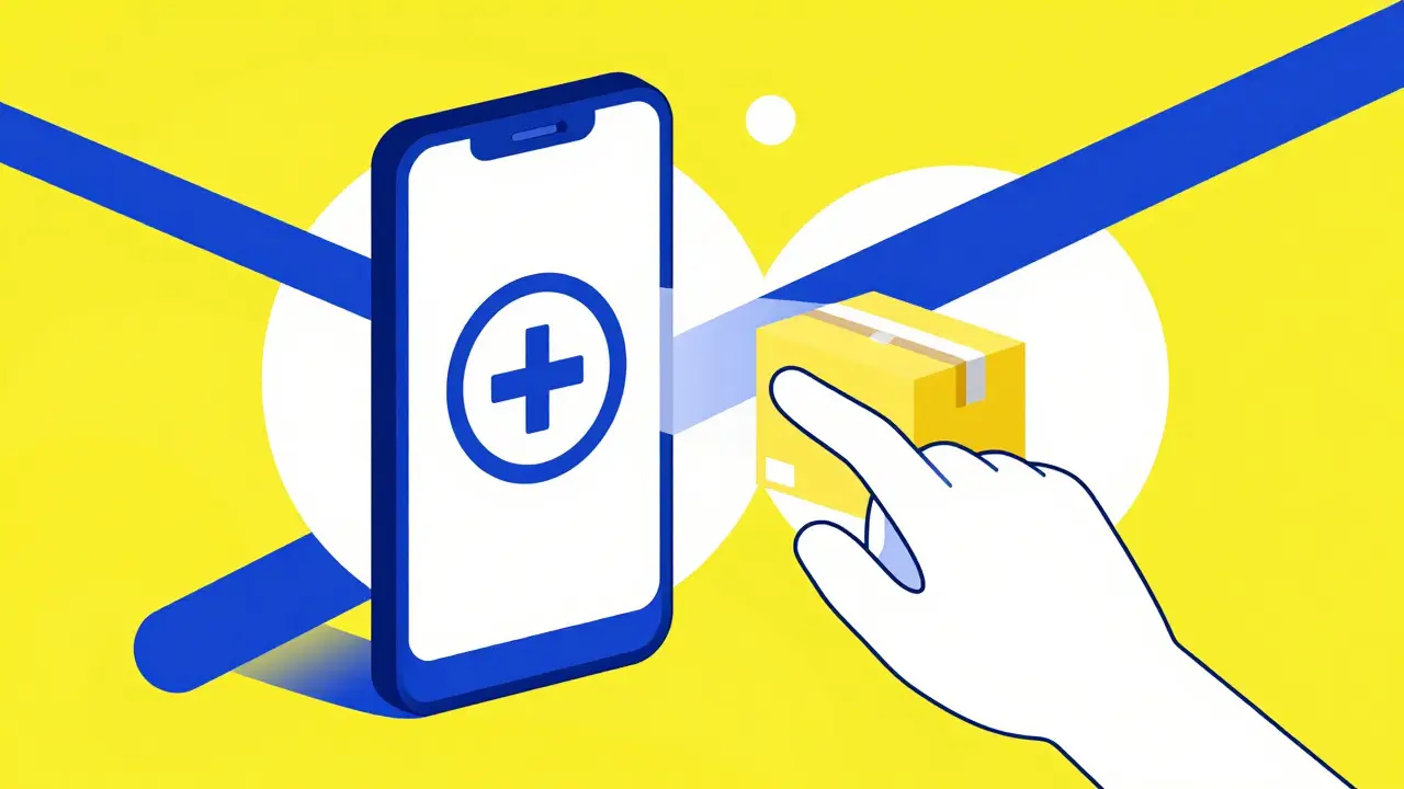 Graphic depiction of a smartphone and medical prescription for online pharmacy delivery.