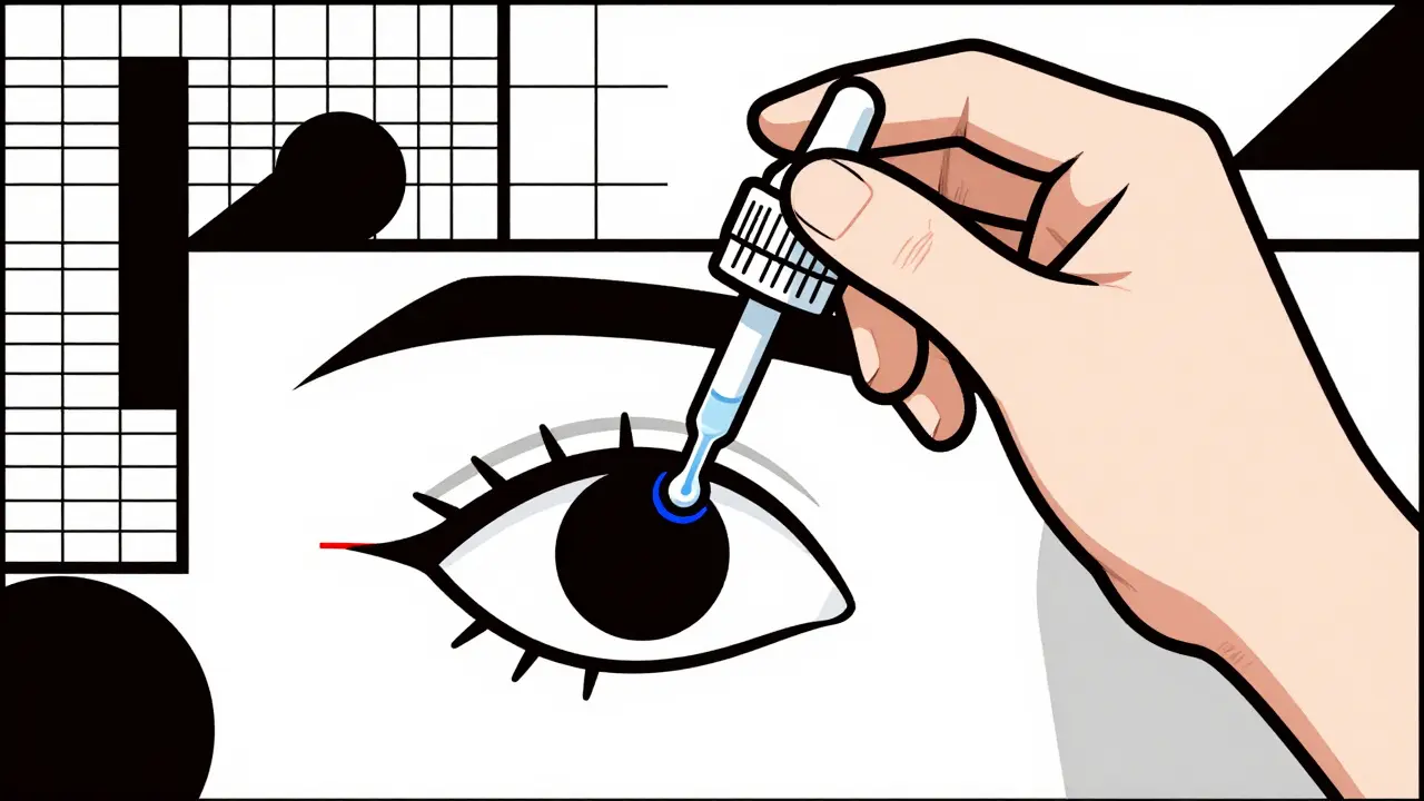 Instructional illustration showing how to apply eye drops using geometric shapes.