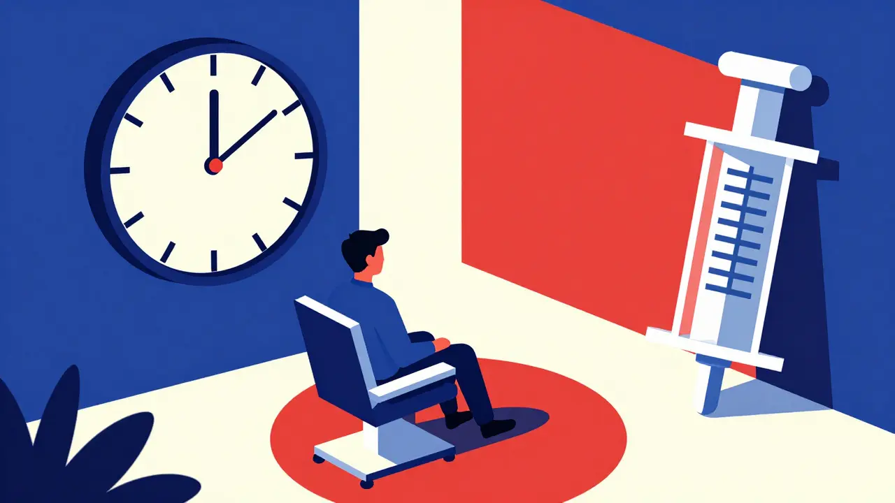 Stylized clinic scene with a patient and a clock highlighting a 15-minute safety window.