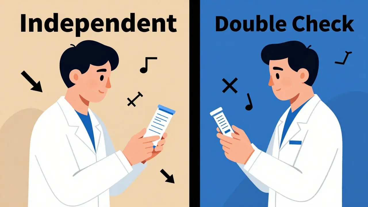 Two clinicians independently verifying medication separated by a bold vertical line.